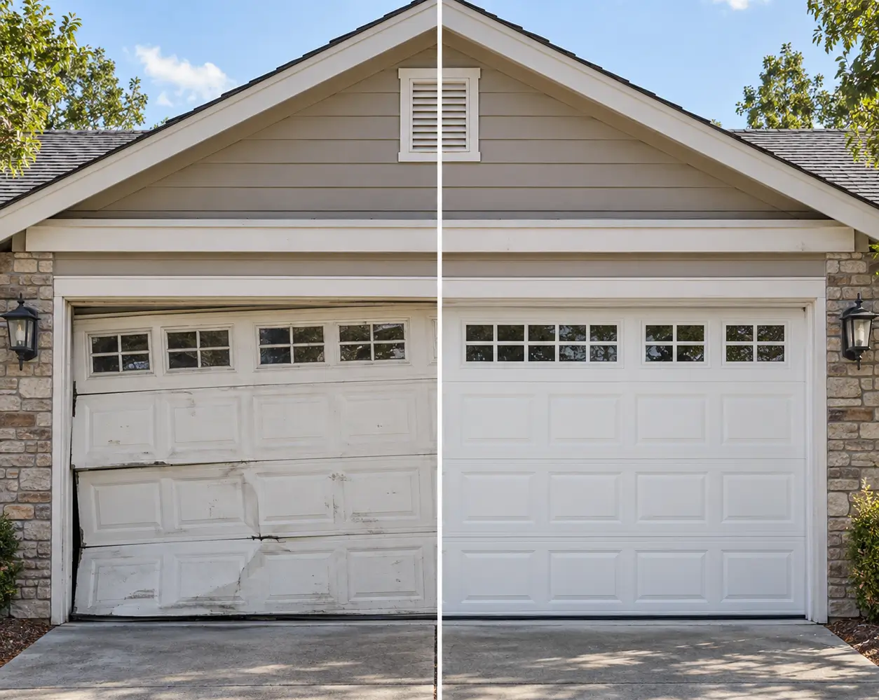 Garage door before and after repair in Newport Beach