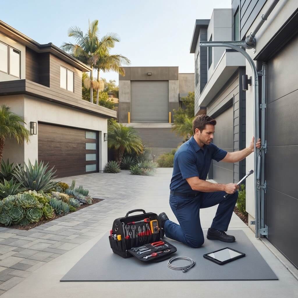 Newport Beach Garage Door Repair technician diagnosing and repairing a garage door