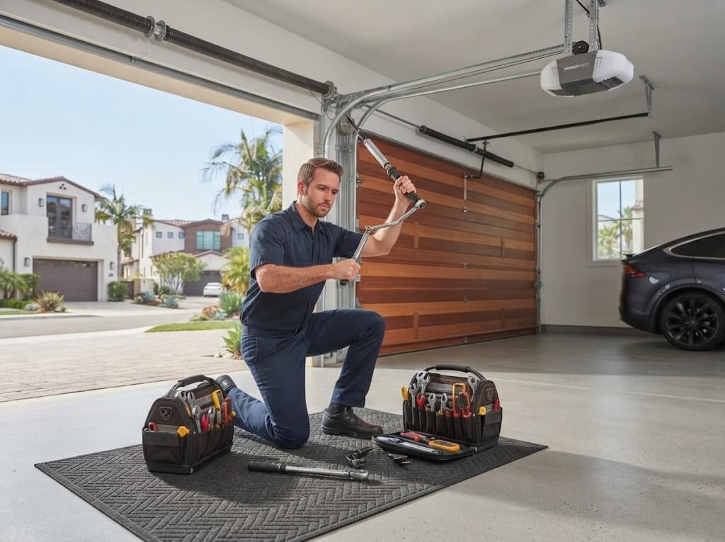 Newport Beach Garage Door Repair technician repairing a damaged garage door
