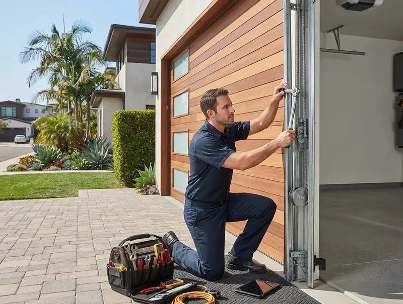 Newport Beach Garage Door Repair technician diagnosing and repairing a garage door